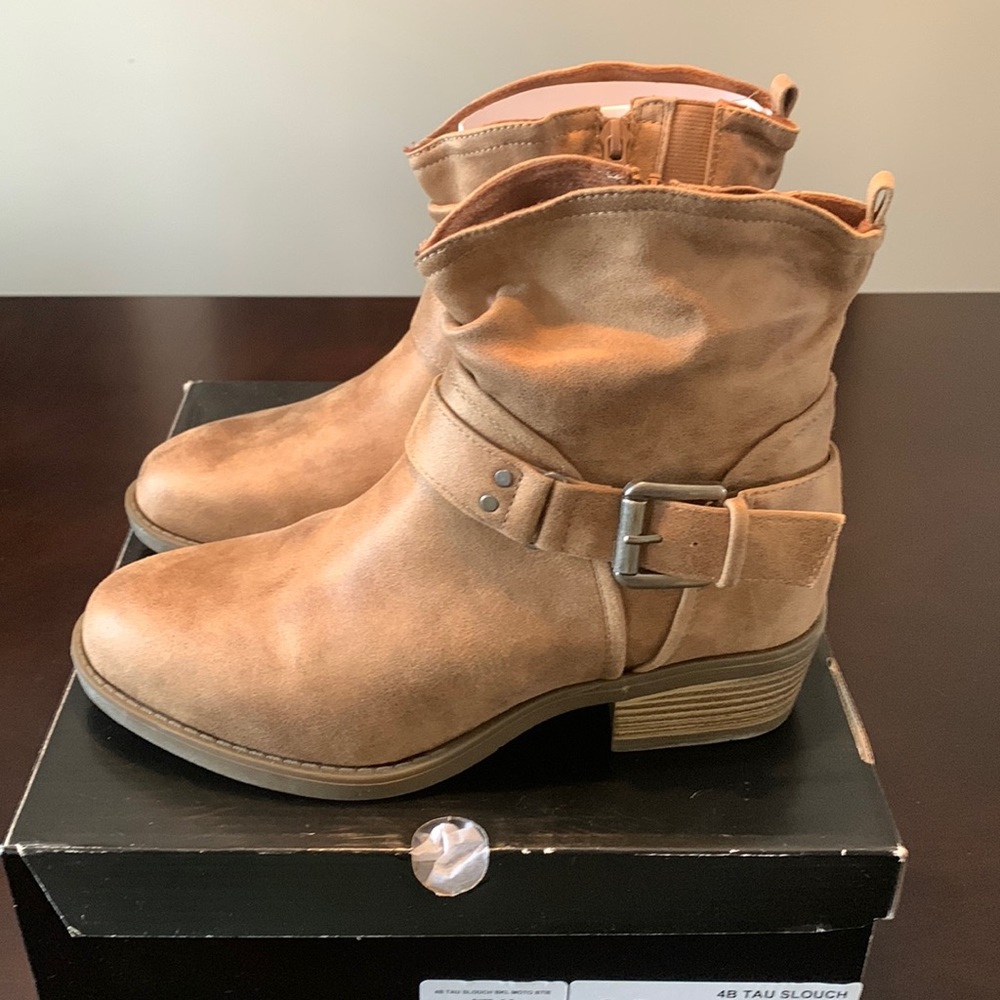 Slouch Moto Booties in Tan